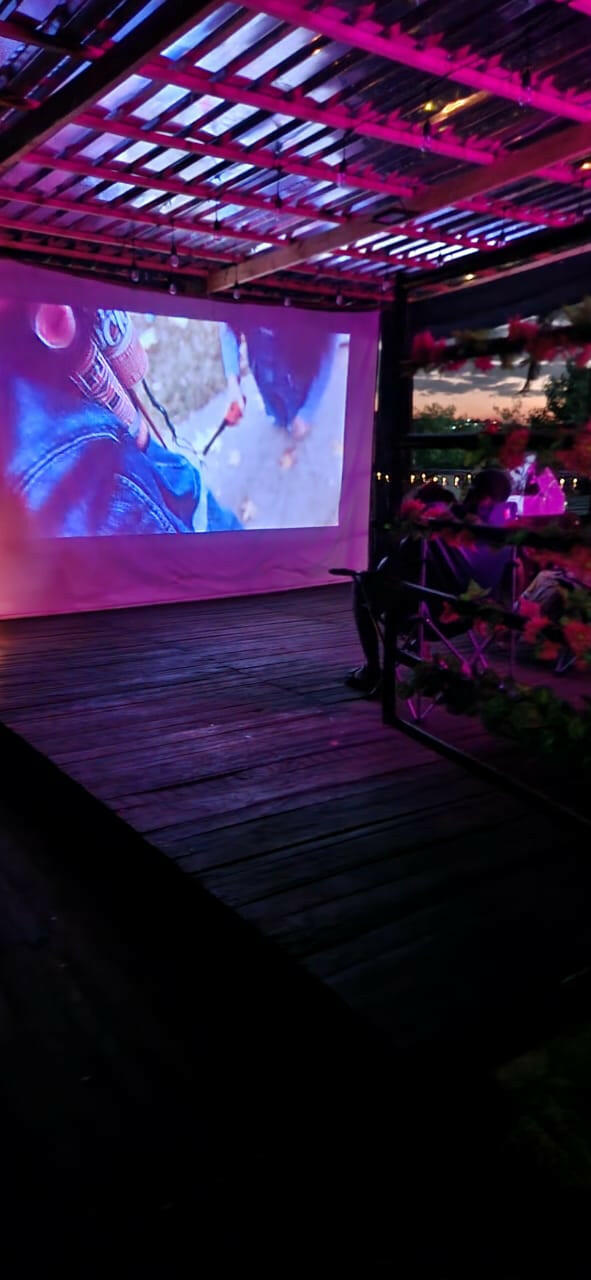 Movie night for two people with snacks.